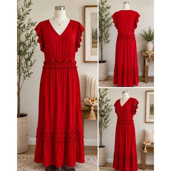 J. Jill Dresses & Skirts - J. Jill Red Flutter Sleeve Ruffle Waist Tiered Midi Dress Womens Size Medium